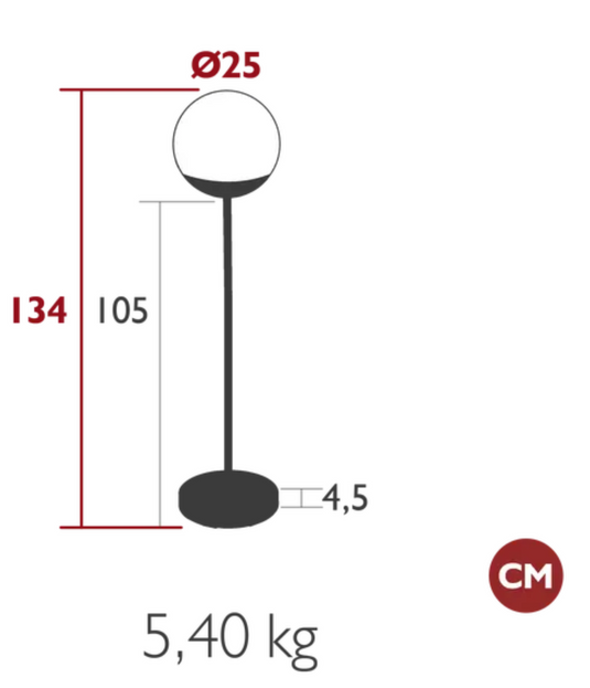Fermob MOOON! wireless floor lamp, 134 cm tall, with a modern moon-inspired design, shown illuminating a living space.