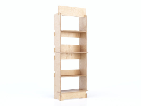 Move – adjustable eucalyptus wood display shelf with 4 customizable shelves.