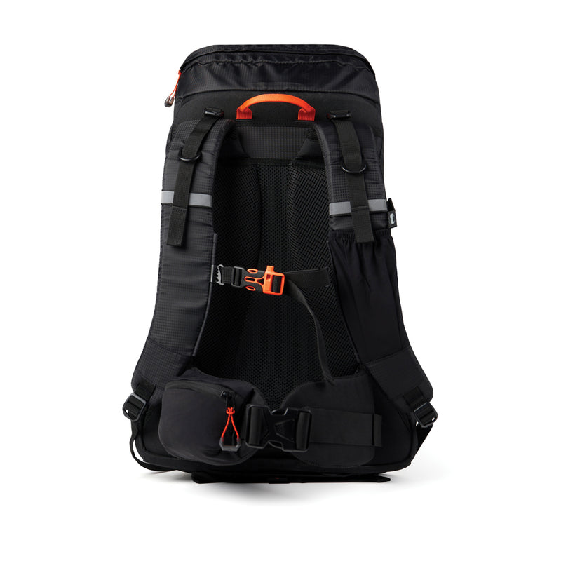 Load image into Gallery viewer, Nordic Drift Trail RCS 33L backpack showing adjustable shoulder straps, front zipper pocket, and durable black fabric.
