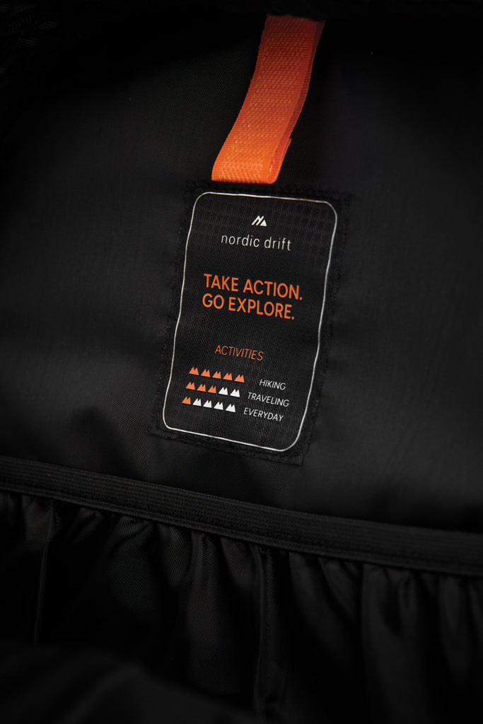 Load image into Gallery viewer, Nordic Drift Trail RCS 33L backpack showing black fabric with multiple compartments and padded shoulder straps for travel and outdoor use.
