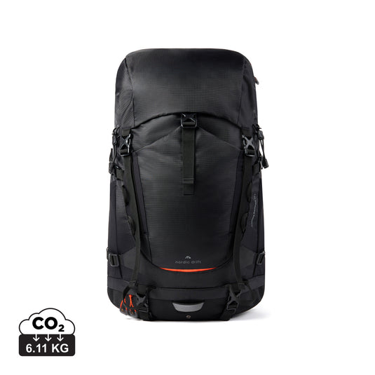 Nordic Drift Trail RCS 33L backpack in black with multiple compartments, designed for travel and outdoor use.