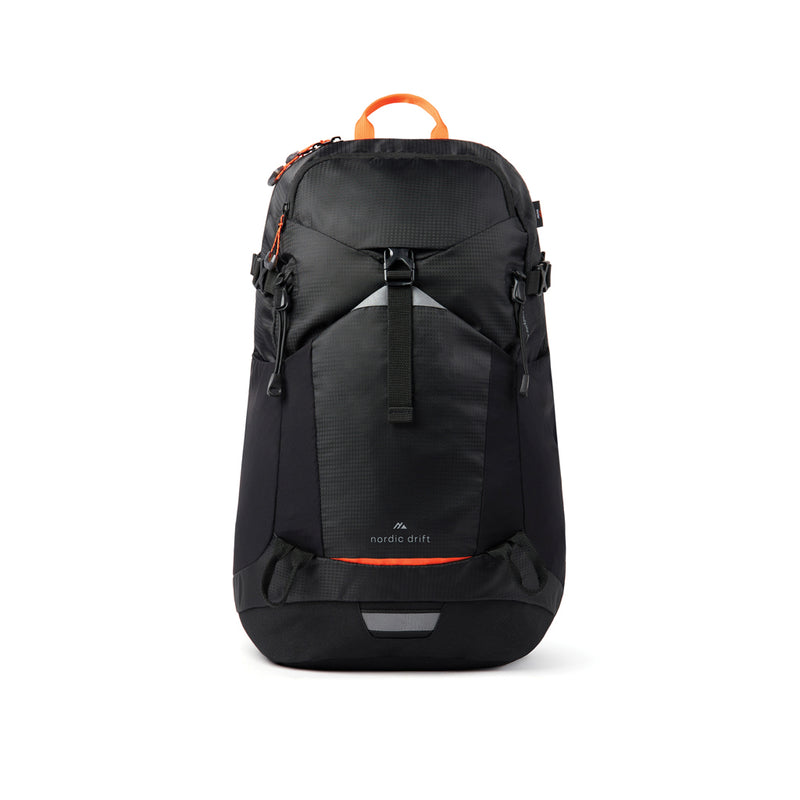 Load image into Gallery viewer, Nordic Drift Drift Trail RCS 24L backpack showing black fabric, multiple compartments, and adjustable straps for travel and daily use.
