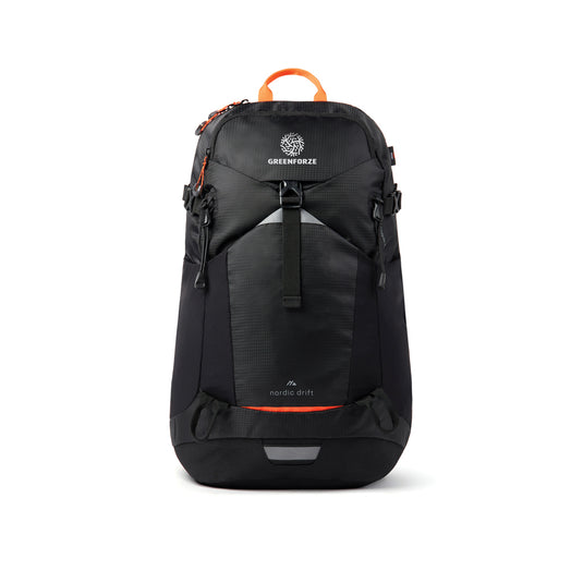 Nordic Drift Trail RCS backpack in black, 24L capacity, with adjustable straps and multiple compartments for travel and daily use.