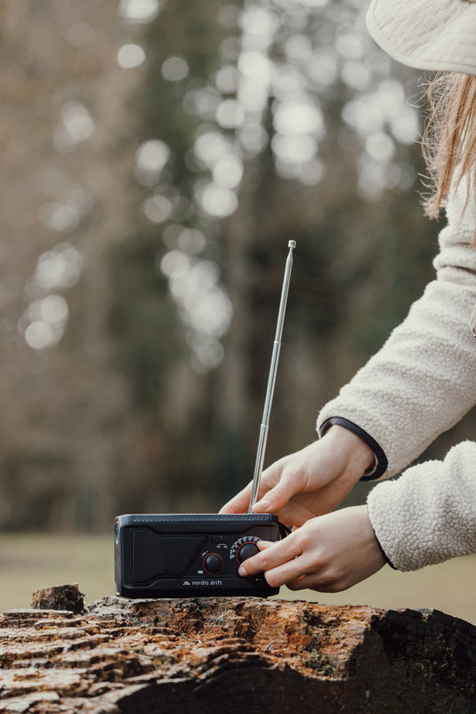 Nordic Drift Titan IPX4 multifunctional radio with 4000mAh battery, featuring audio controls and durable design.
