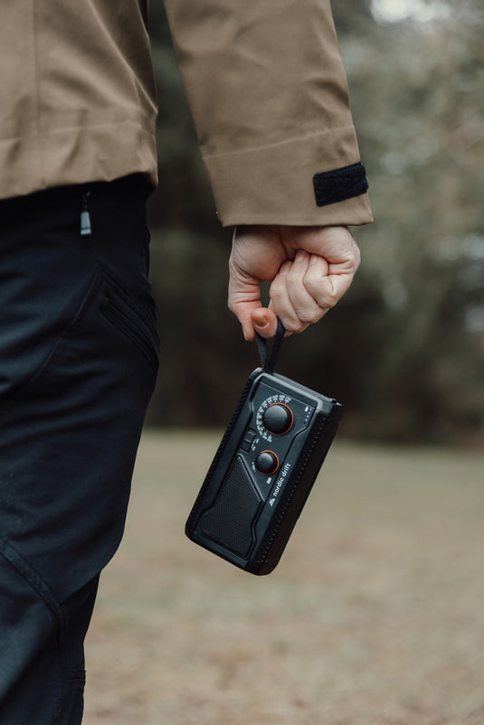 Nordic Drift Titan IPX4 multifunctional radio with 4000mAh battery, audio device featuring digital controls and portable design.