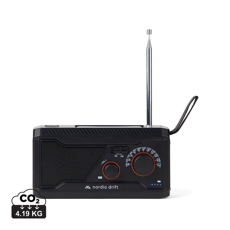 Load image into Gallery viewer, Nordic Drift Titan IPX4 multifunctional radio with 4000mAh battery, portable audio device, black design, and digital display.
