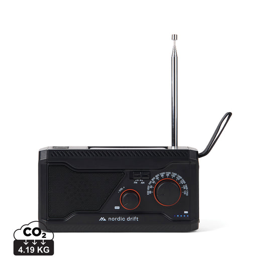 Nordic Drift Titan IPX4 multifunctional radio with 4000mAh battery, portable audio device, black design, and digital display.