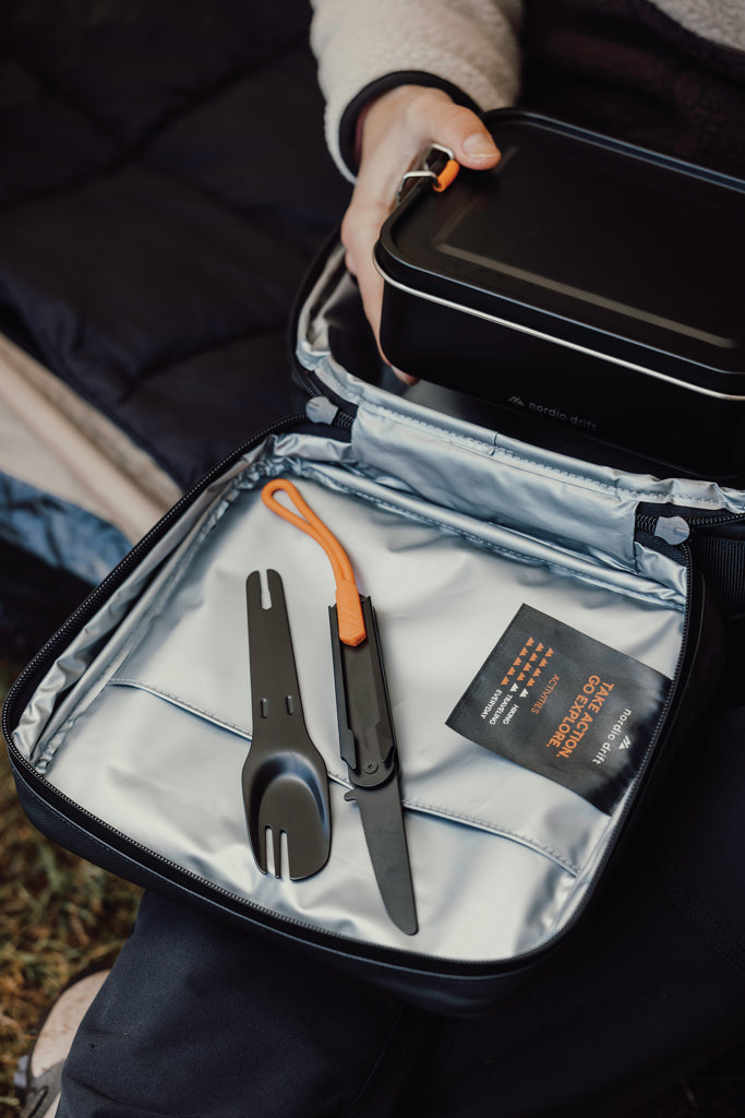 Load image into Gallery viewer, Nordic Drift outdoor 4-in-1 trail cutlery set with fork, knife, spoon, and bottle opener, compact and lightweight for camping.
