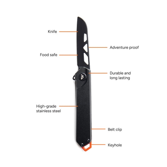 Nordic Drift Adventure Folding Knife with black handle and stainless steel blade, compact outdoor tools and camping gear.
