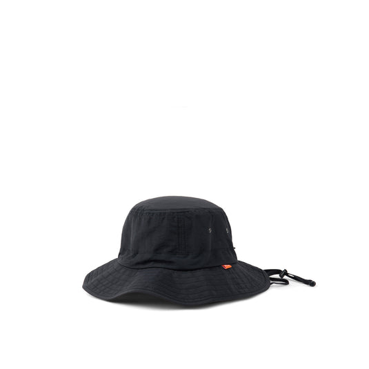 Nordic Drift RCS Horizon UPF 50+ bucket hat in navy blue with wide brim and adjustable chin strap, designed for sun protection and outdoor wear.