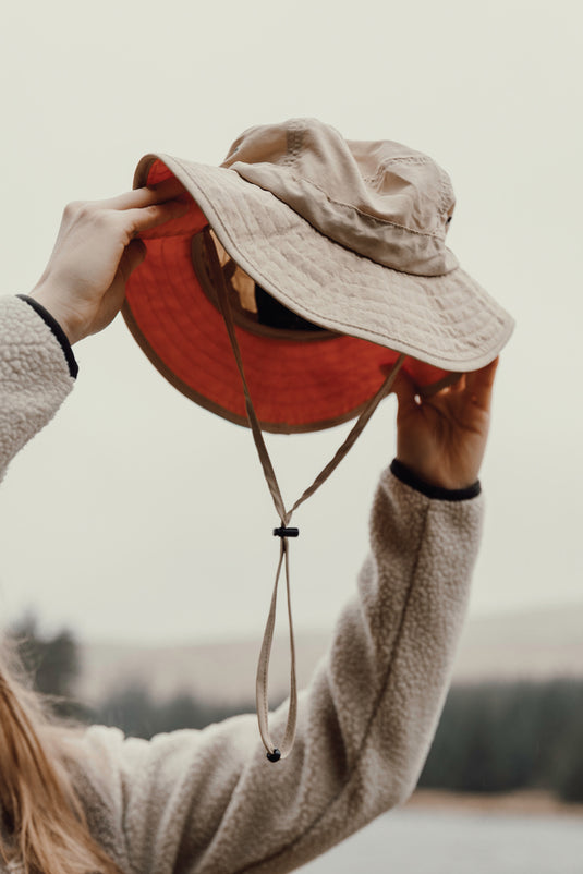 Nordic Drift RCS Horizon bucket hat with UPF 50+ sun protection, lightweight headwear in neutral color, close-up view
