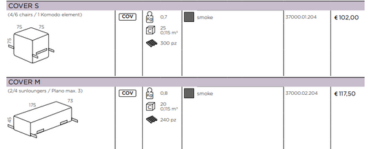 Nardi outdoor furniture covers in sizes S, M, L, XL for Nardi Komodo outdoor furniture, protective weatherproof covers.