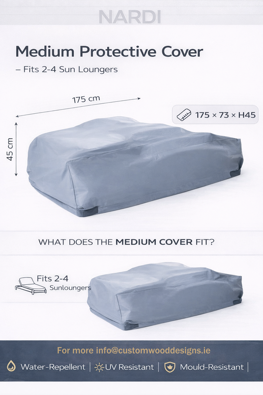 Nardi outdoor furniture covers for loungers in sizes S to XL, protective covers for Nardi Komodo outdoor furniture.