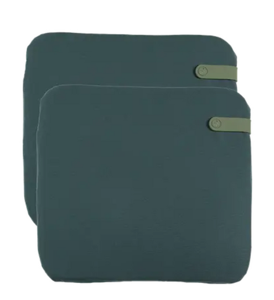 Set of 2 Fermob outdoor cushions in night blue and color mix, 41 x 45 cm, designed for outdoor chairs.