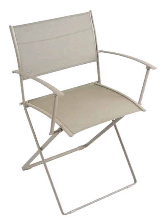 Fermob Plein Air Armchair folding chair in nutmeg color with a sleek, lightweight design and curved armrests.