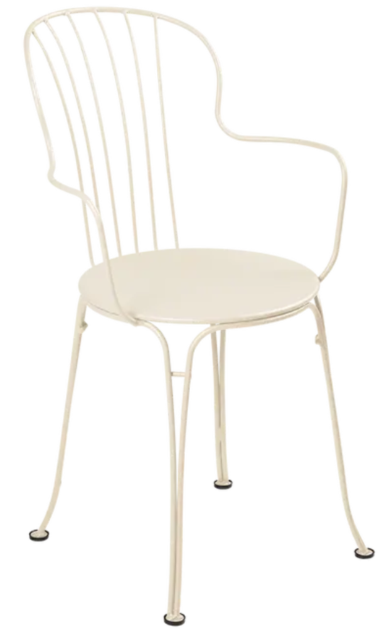 Load image into Gallery viewer, Nutmeg Fermob OPÉRA+ outdoor metal armchair with curved armrests and slatted seat, designed for patio or garden seating.
