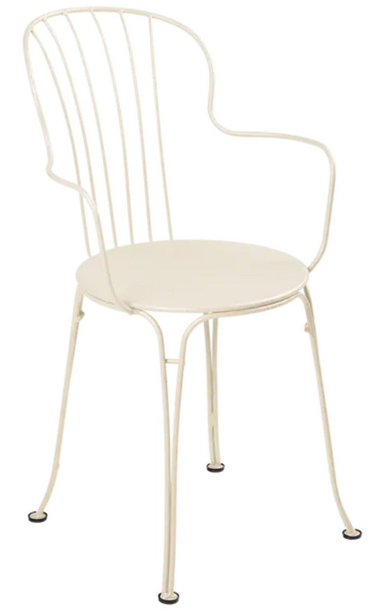 Nutmeg Fermob OPÉRA+ outdoor metal armchair with curved armrests and slatted seat, designed for patio or garden seating.