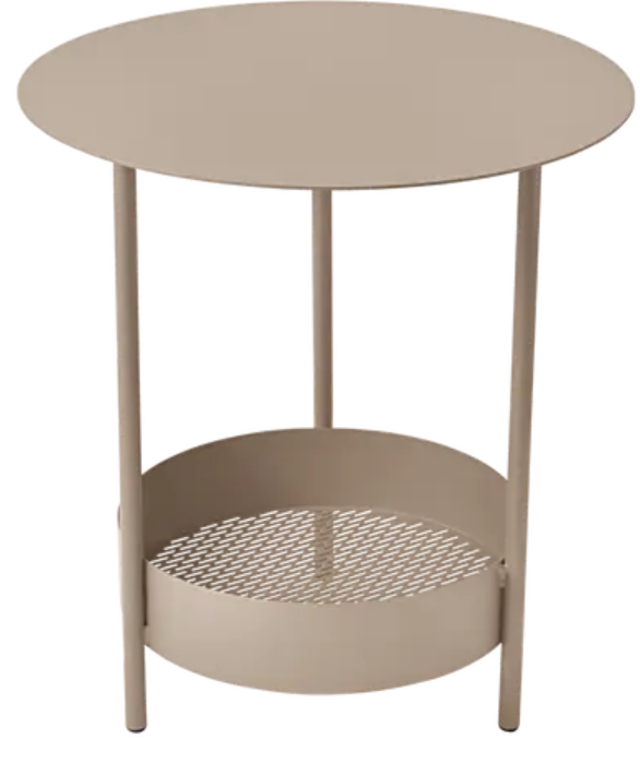 Load image into Gallery viewer, Nutmeg Fermob Salsa pedestal side table showing round tabletop and sturdy base, ideal for outdoor furniture settings.
