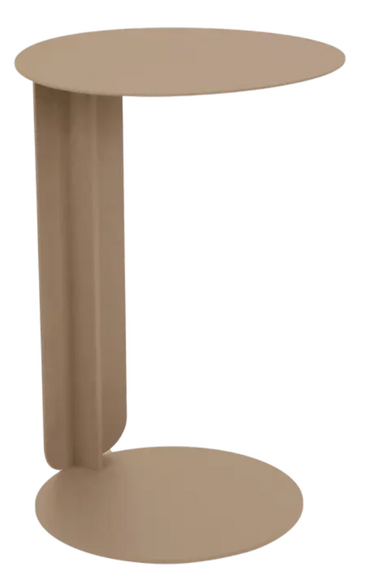 Nutmeg Fermob Bebop Offset Table made of metal, outdoor furniture with a vibrant yellow finish, suitable for patio or garden use.