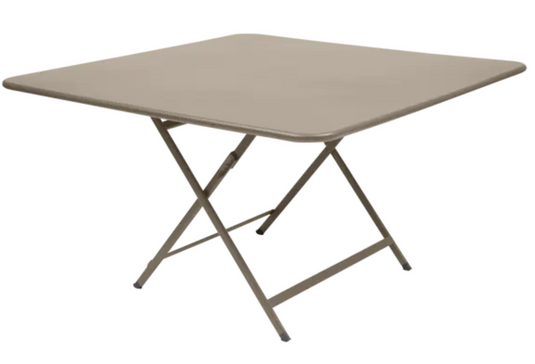 Nutmeg-colored Fermob Caractère foldable outdoor table, 128x128 cm, eight-seater, suitable for outdoor dining and gatherings.