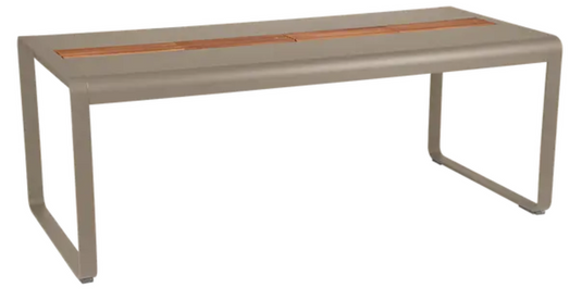 Fermob Bellevie outdoor dining table in wood and metal, 196x90cm, with storage, designed for eight seats in nutmeg finish.