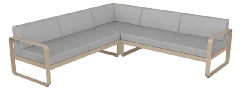 Load image into Gallery viewer, Fermob Bellevie Composition 2 outdoor lounge sofa set with nutmeg and grey cushions, modular design for garden or patio.
