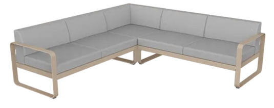 Fermob Bellevie Composition 2 outdoor lounge sofa set with nutmeg and grey cushions, modular design for garden or patio.