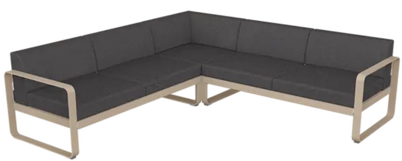 Load image into Gallery viewer, Fermob Bellevie Composition 2 outdoor lounge sofa set with nutmeg and graphite grey cushions on a modern patio.
