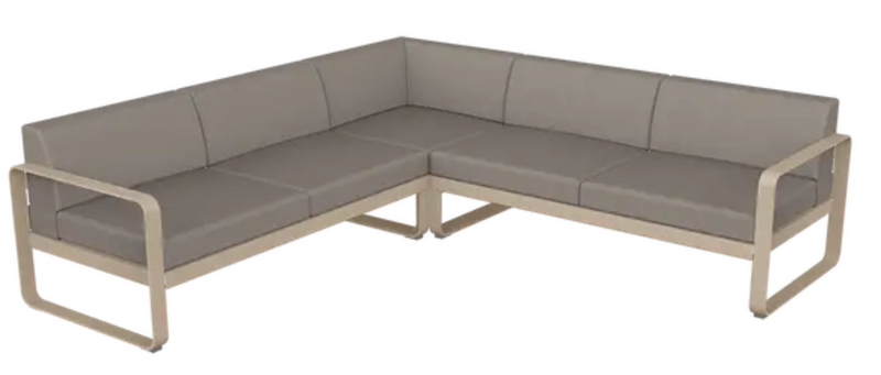 Load image into Gallery viewer, Fermob Bellevie Composition 2 outdoor lounge sofa set with nutmeg, grey, and taupe cushions on a stylish patio setting.

