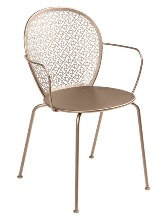 Nutmeg-colored Fermob Lorette outdoor metal armchair with a sleek design, perfect for patio or garden seating.
