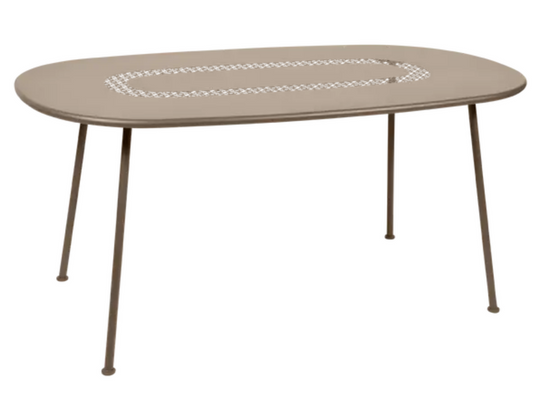 Fermob Lorette oval metal outdoor dining table, 160 x 90 cm, with a Nutmeg finish, suitable for garden or patio seating.