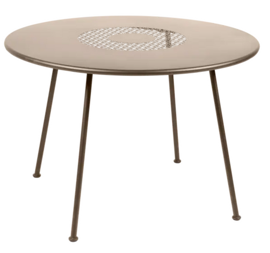 Fermob LORETTE round metal garden table with a 110cm diameter, fire-resistant, durable outdoor furniture in nutmeg color.