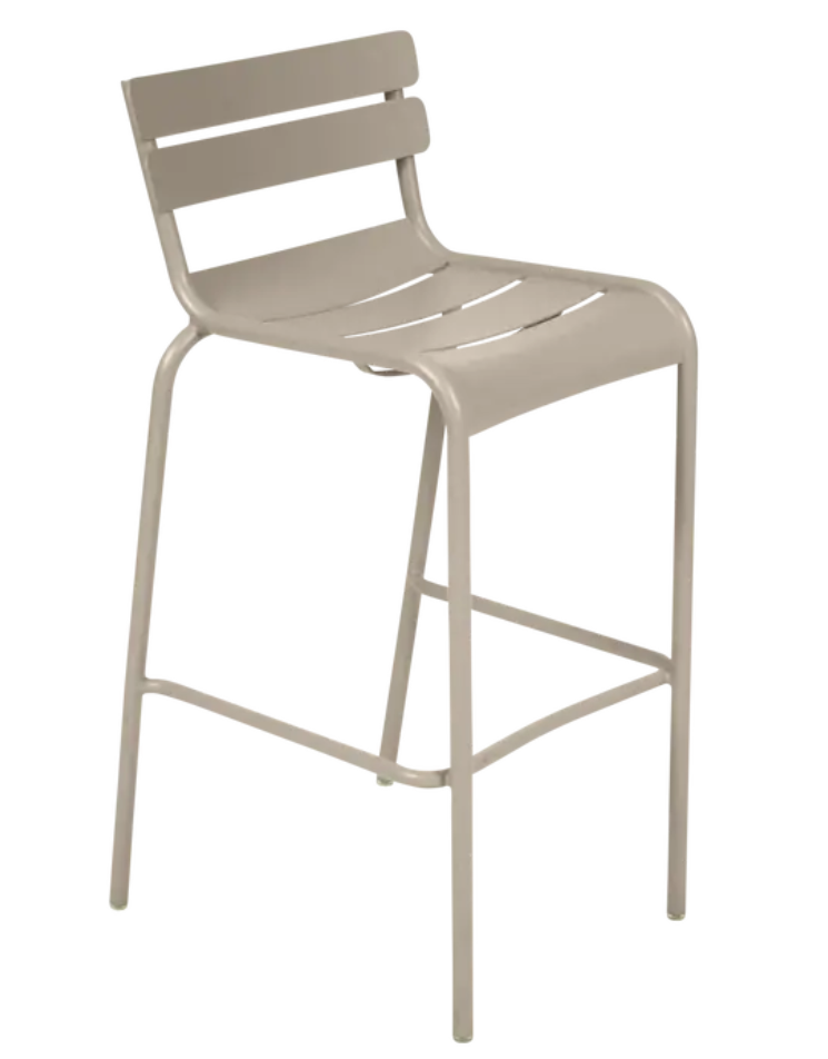 Load image into Gallery viewer, Red Fermob Luxembourg bar armchair with metal frame and armrests, suitable for pub or restaurant settings.
