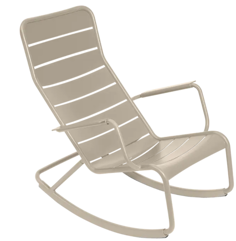 Load image into Gallery viewer, Nutmeg Fermob Luxembourg outdoor rocking chair with aluminum frame, designed for comfortable outdoor relaxation.
