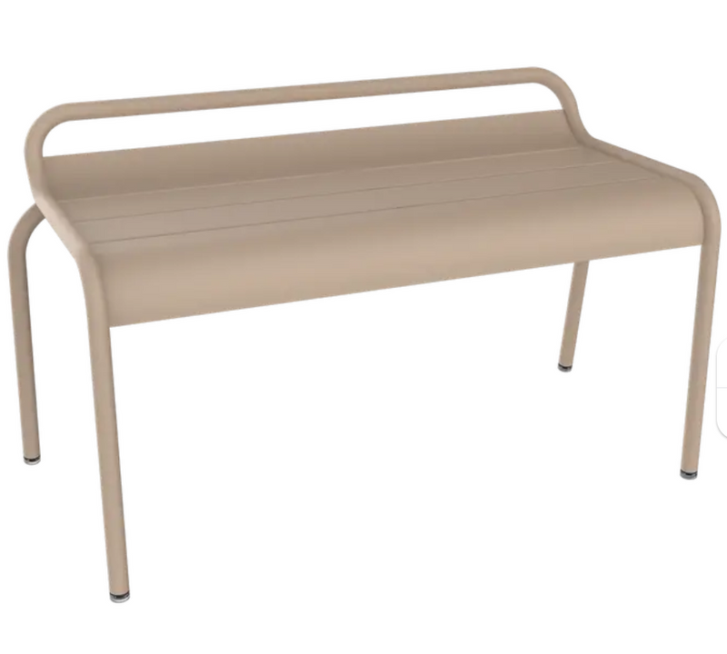 Load image into Gallery viewer, Nutmeg Fermob Luxembourg stackable outdoor bench, 90 cm long, metal design, shown from hall side with a modern outdoor setting.

