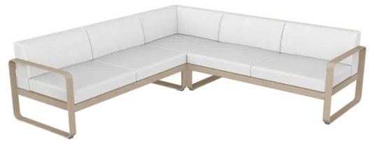 Fermob Bellevie Composition 2 outdoor lounge sofa set with nutmeg and off-white cushions, modular design for outdoor seating.