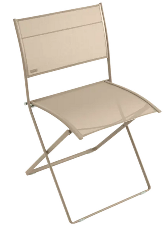 Fermob Plein Air folding chair in nutmeg color, outdoor metal furniture with a sleek, modern design and comfortable seat.