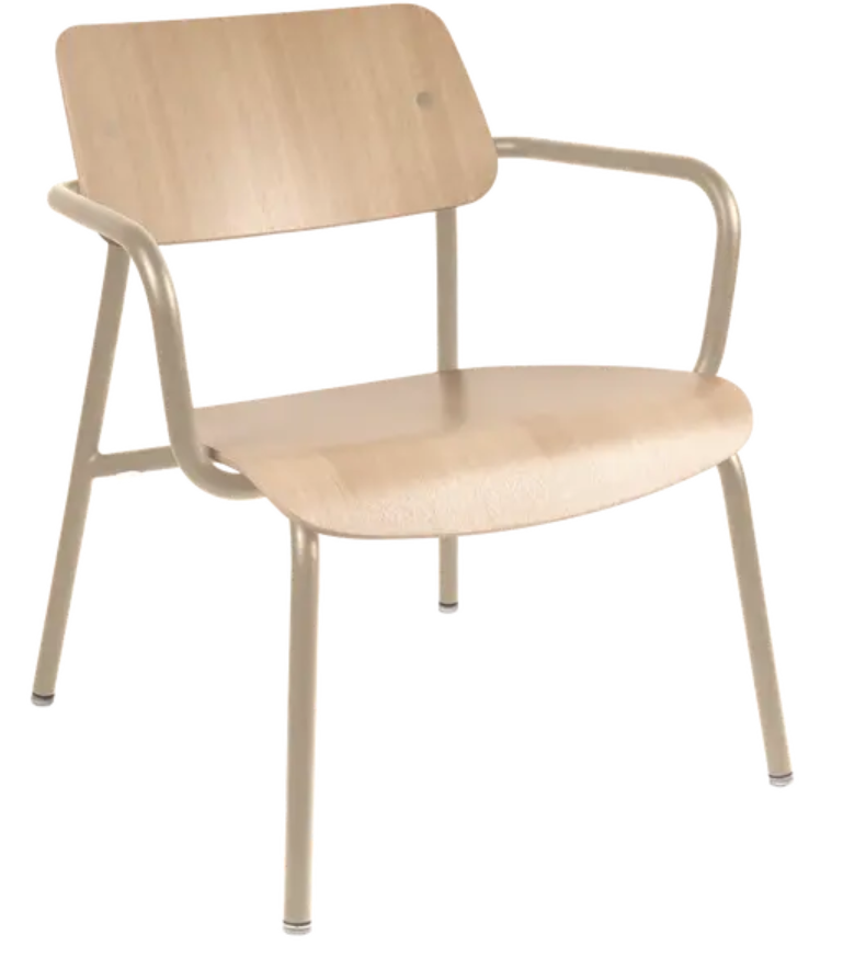 Load image into Gallery viewer, Nutmeg Fermob Studie Oak Lounge Armchair, metal chair with wooden accents, designed for stylish office or lounge spaces.
