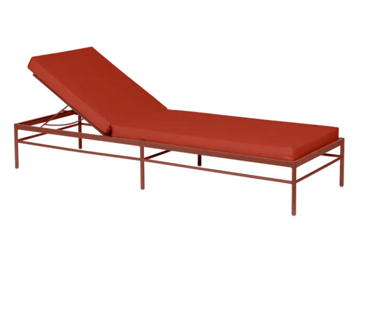 Fermob Rivage luxury sunlounger in ochre earth tone with metal frame, outdoor furniture designed for relaxing in style.