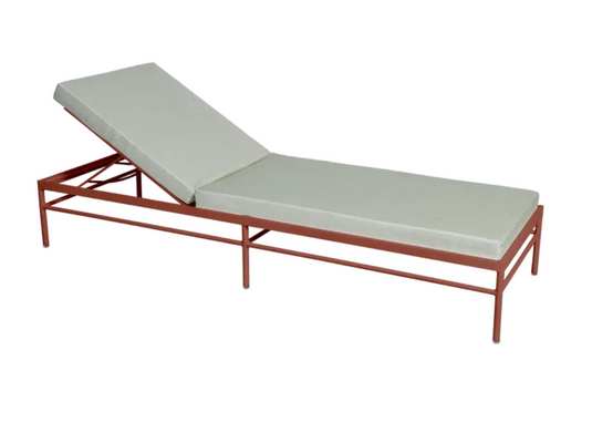 Fermob Rivage luxury metal sunlounger with ochre and meadow green cushions, outdoor garden furniture for relaxing in the sun