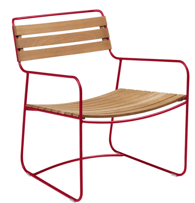 Load image into Gallery viewer, Ochre Fermob metal low armchair with a modern design, ideal for outdoor seating in a stylish garden or patio setting.
