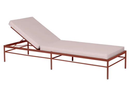 Ochre-colored Fermob Rivage luxury metal sunlounger with adjustable backrest and modern design for outdoor relaxation.