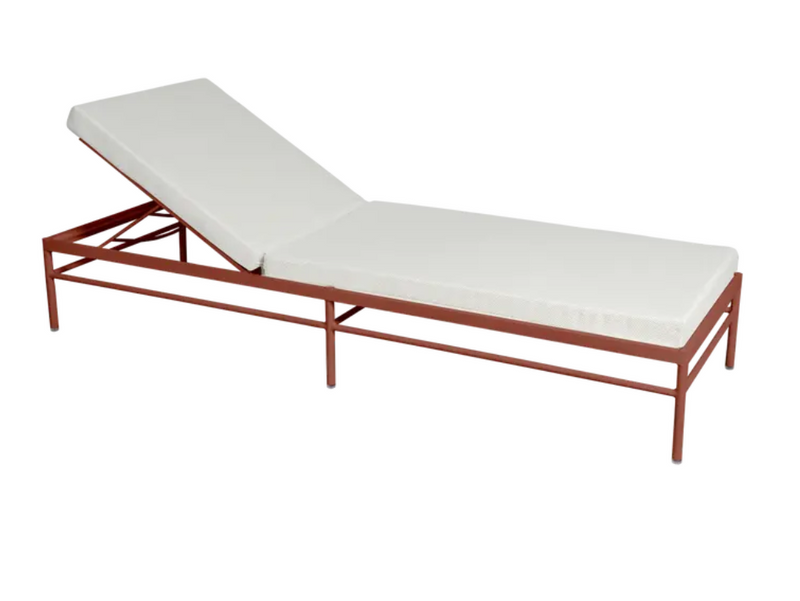 Load image into Gallery viewer, Ochre pearl Fermob Rivage luxury metal sunlounger with sleek design and adjustable backrest for outdoor relaxation.
