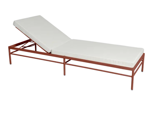 Ochre pearl Fermob Rivage luxury metal sunlounger with sleek design and adjustable backrest for outdoor relaxation.