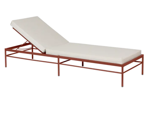 Fermob Rivage luxury metal sunlounger with ochre wine color, featuring a sleek, modern design for outdoor relaxation.