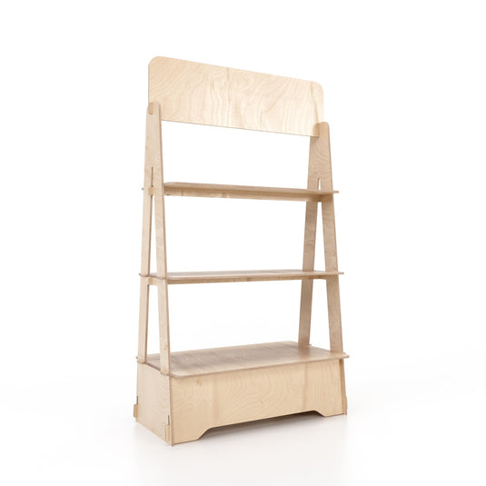 Oco 800 multi-shelf display unit made of eucalyptus wood.