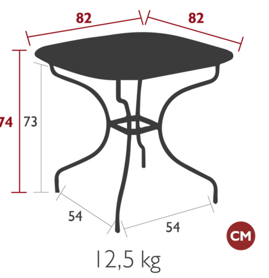 Fermob OPÉRA+ Carronde outdoor metal table, 82x82 cm, with a sleek, modern design suitable for garden or patio use.