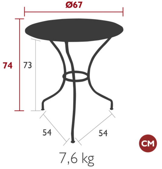 Fermob OPÉRA+ outdoor metal table with 67 cm diameter, suitable for patio or restaurant outdoor seating.