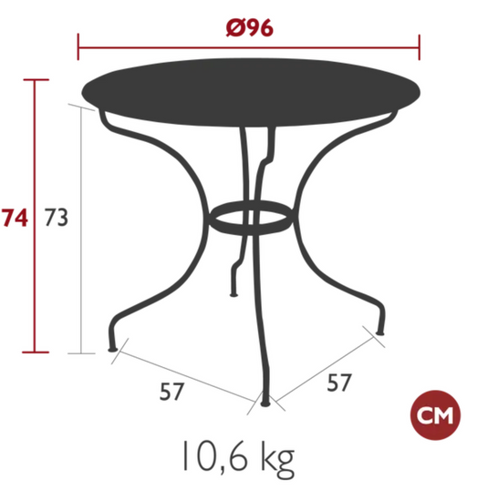 Fermob OPÉRA+ outdoor metal table with a 96 cm diameter, stylish five-seater patio table in a modern design.