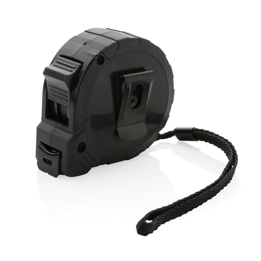 XD Collection RCS recycled plastic 5M/19mm tape measure with stop button, showing the tape reel and stop mechanism.